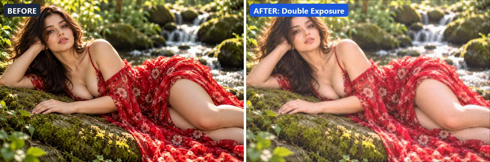Before and after comparison of the Double Exposure photo filter (Experimental FX) on the sample photo