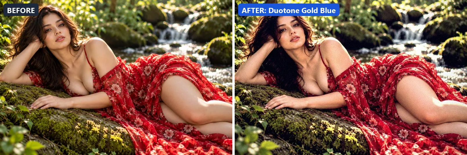Before and after comparison of the Duotone Gold Blue photo filter (Experimental FX) on the sample photo
