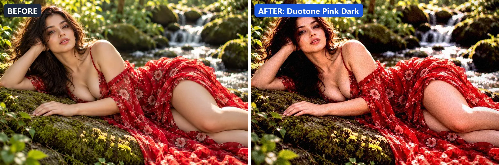 Before and after comparison of the Duotone Pink Dark photo filter (Experimental FX) on the sample photo