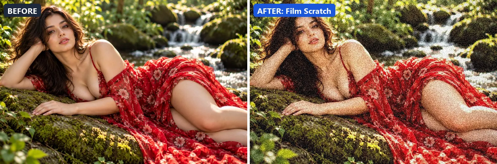 Before and after comparison of the Film Scratch photo filter (Experimental FX) on the sample photo