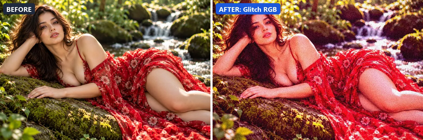 Before and after comparison of the Glitch RGB photo filter (Experimental FX) on the sample photo