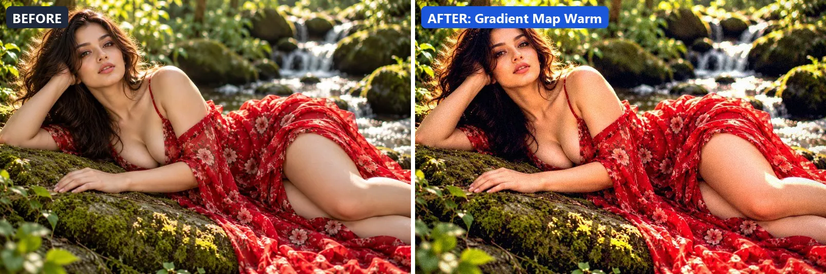 Before and after comparison of the Gradient Map Warm photo filter (Experimental FX) on the sample photo