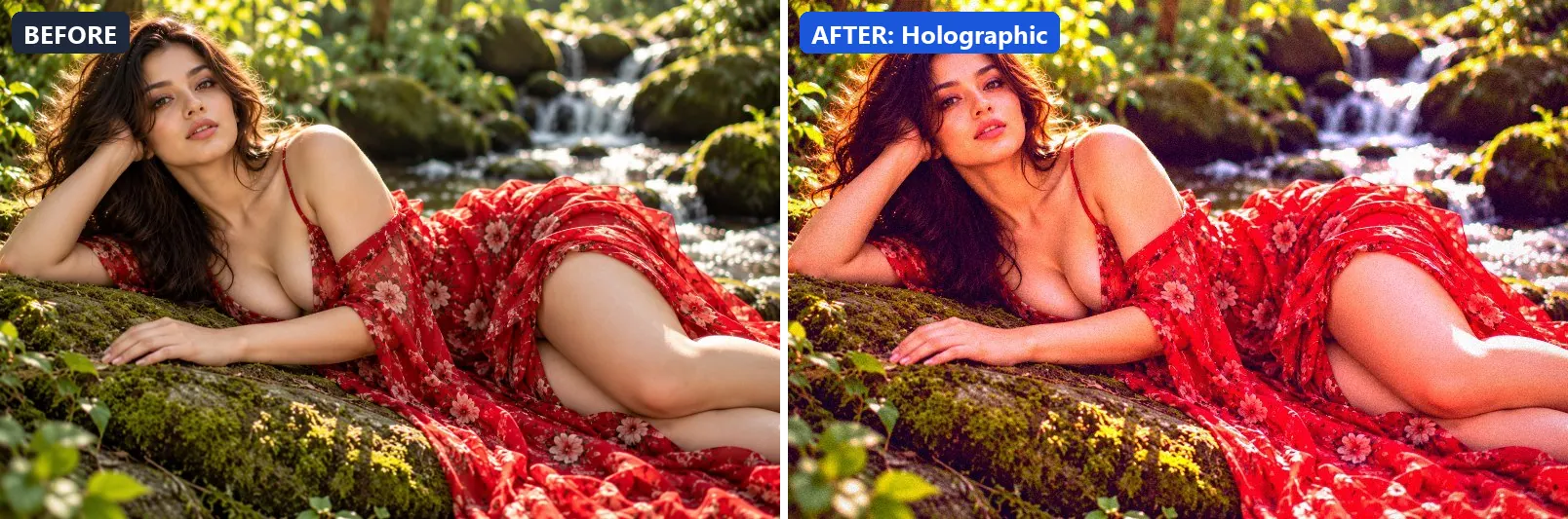 Before and after comparison of the Holographic photo filter (Experimental FX) on the sample photo