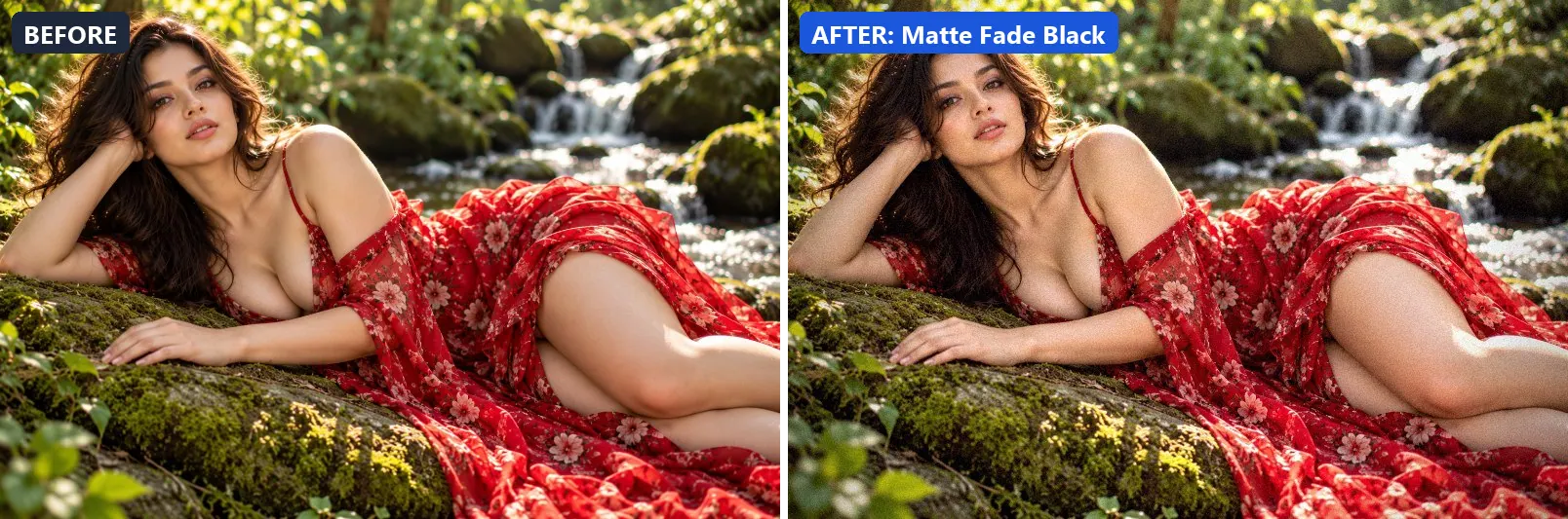 Before and after comparison of the Matte Fade Black photo filter (Experimental FX) on the sample photo