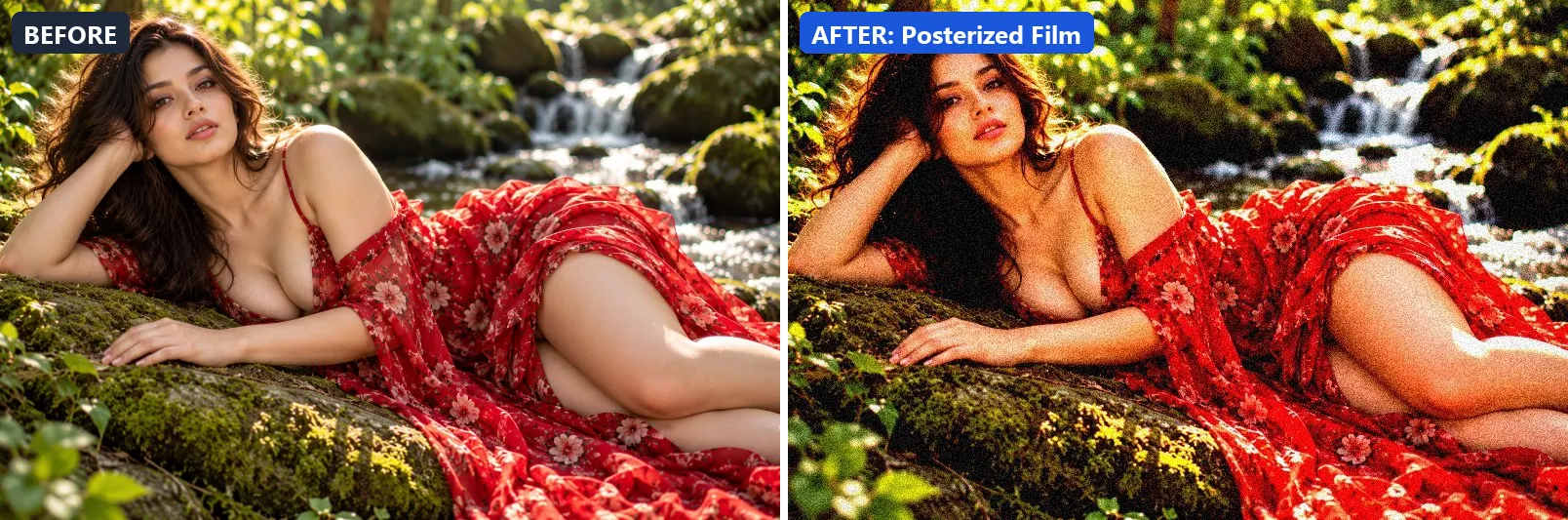Before and after comparison of the Posterized Film photo filter (Experimental FX) on the sample photo