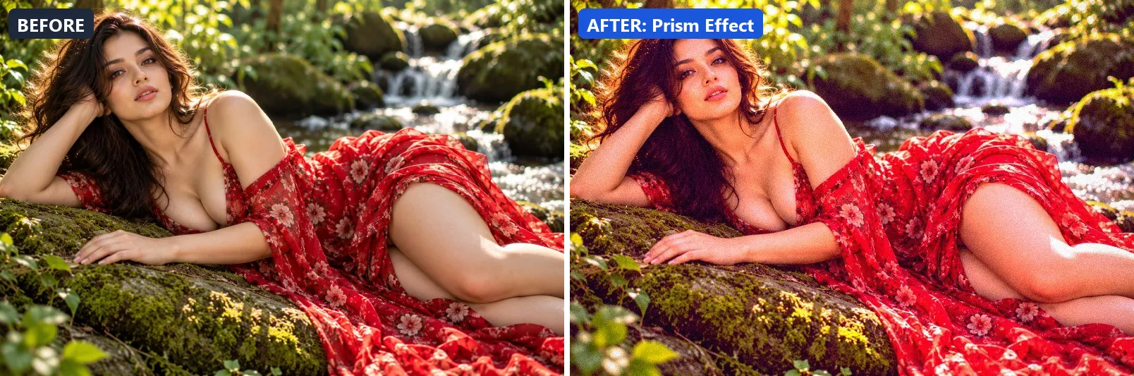 Before and after comparison of the Prism Effect photo filter (Experimental FX) on the sample photo