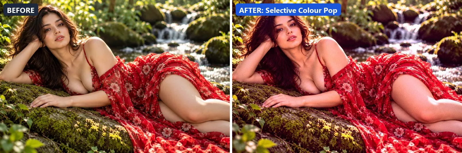 Before and after comparison of the Selective Colour Pop photo filter (Experimental FX) on the sample photo