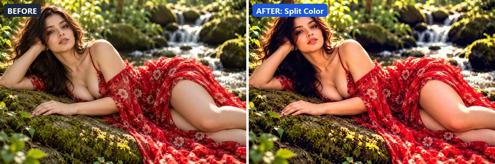 Before and after comparison of the Split Color photo filter (Experimental FX) on the sample photo