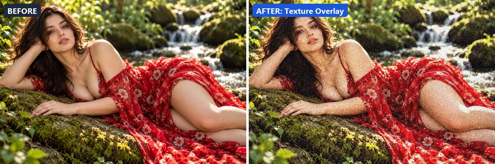 Before and after comparison of the Texture Overlay photo filter (Experimental FX) on the sample photo