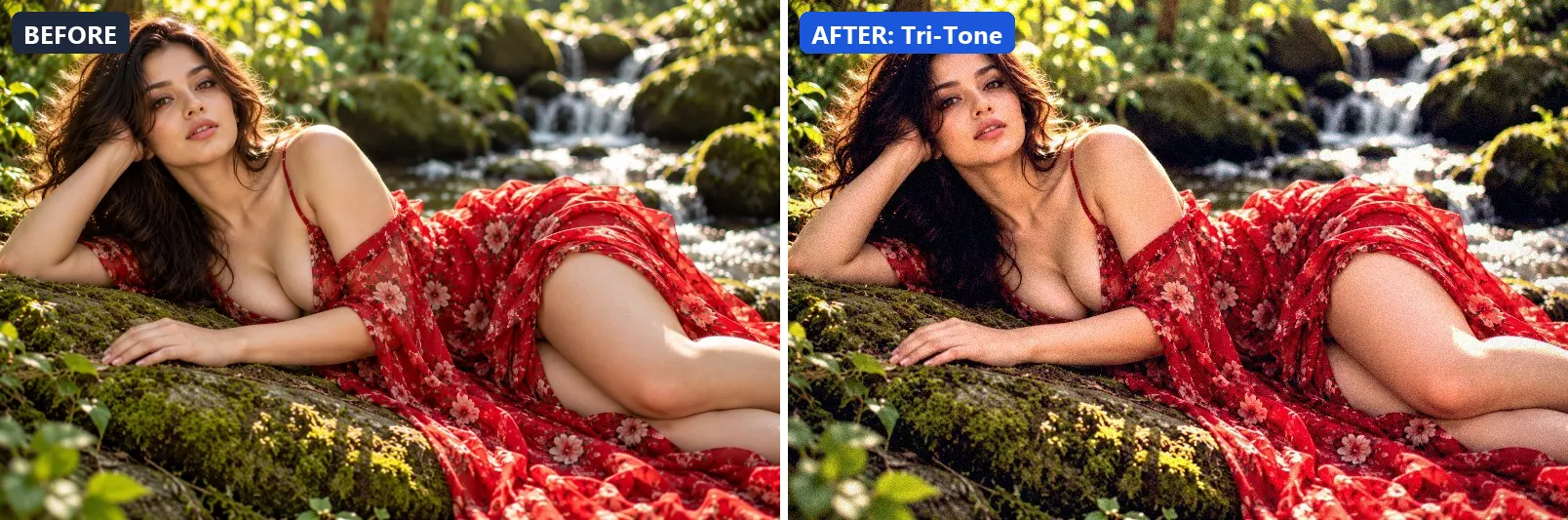 Before and after comparison of the Tri-Tone photo filter (Experimental FX) on the sample photo