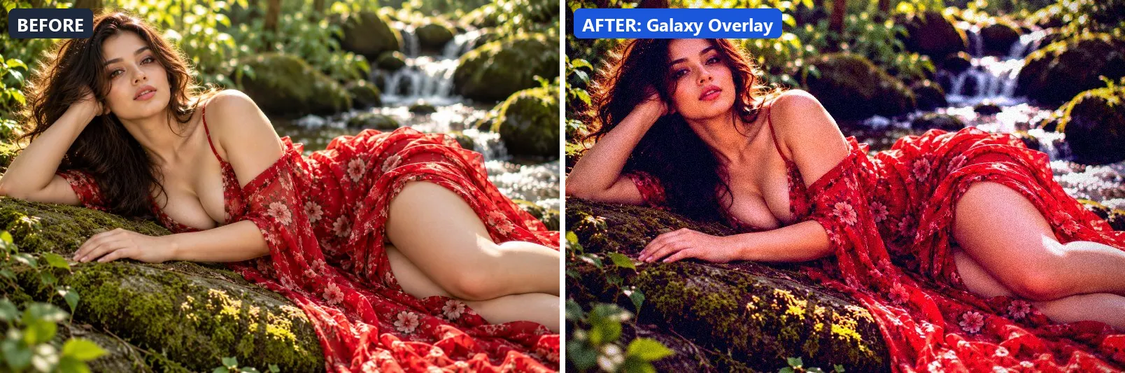 Before and after comparison of the Galaxy Overlay photo filter (Atmosphere) on the sample photo
