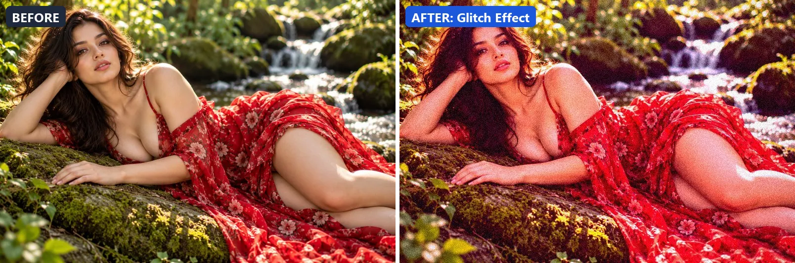 Before and after comparison of the Glitch Effect photo filter (Artistic Styles) on the sample photo