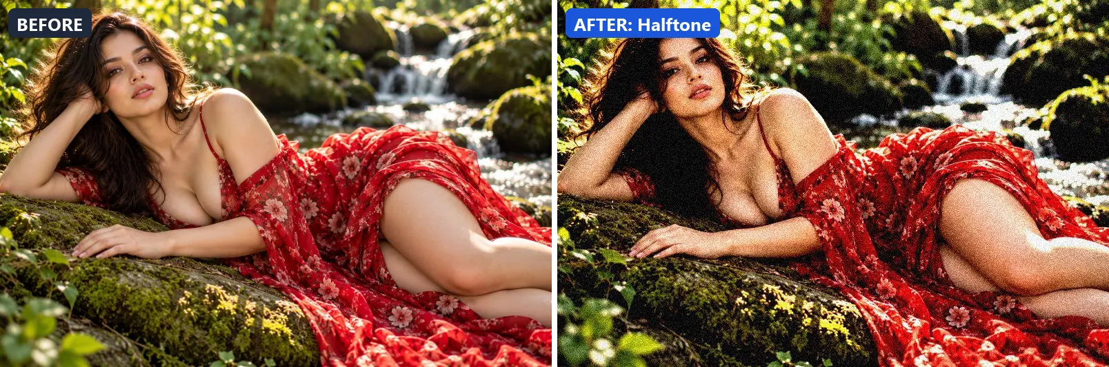 Before and after comparison of the Halftone photo filter (Artistic Styles) on the sample photo