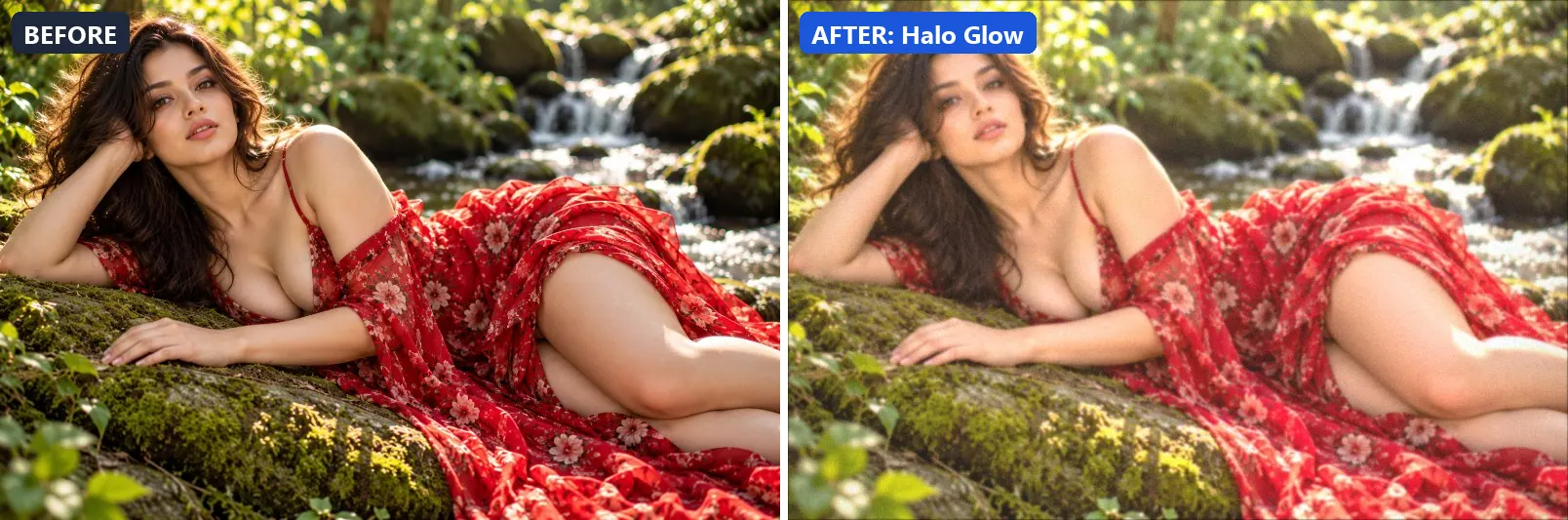 Before and after comparison of the Halo Glow photo filter (Lighting Effects) on the sample photo