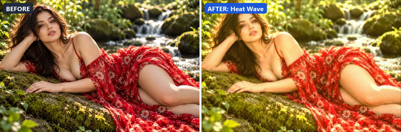Before and after comparison of the Heat Wave photo filter (Atmosphere) on the sample photo