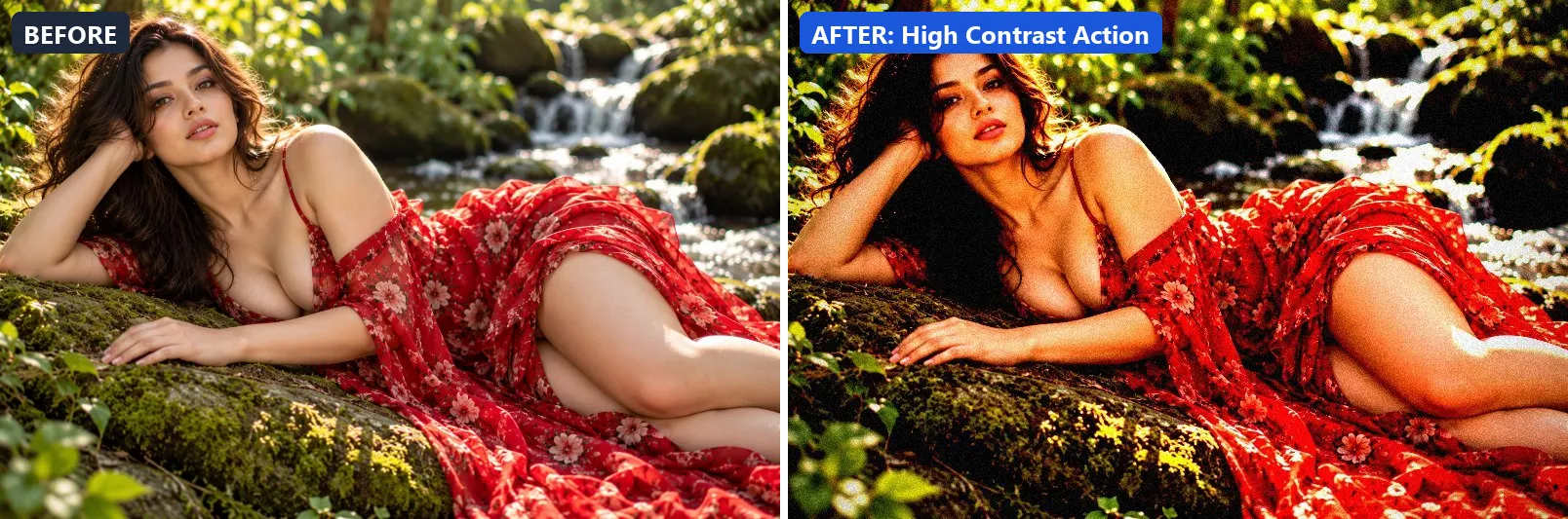 Before and after comparison of the High Contrast Action photo filter (Cinematic) on the sample photo
