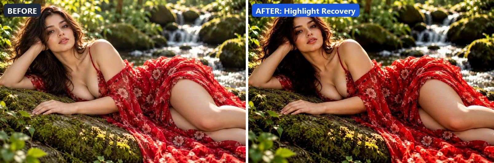Before and after comparison of the Highlight Recovery photo filter (Clarity & Detail) on the sample photo