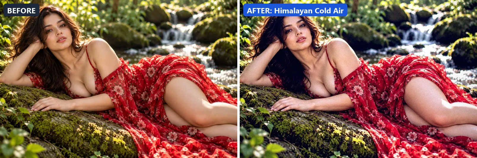 Before and after comparison of the Himalayan Cold Air photo filter (Travel Destinations) on the sample photo