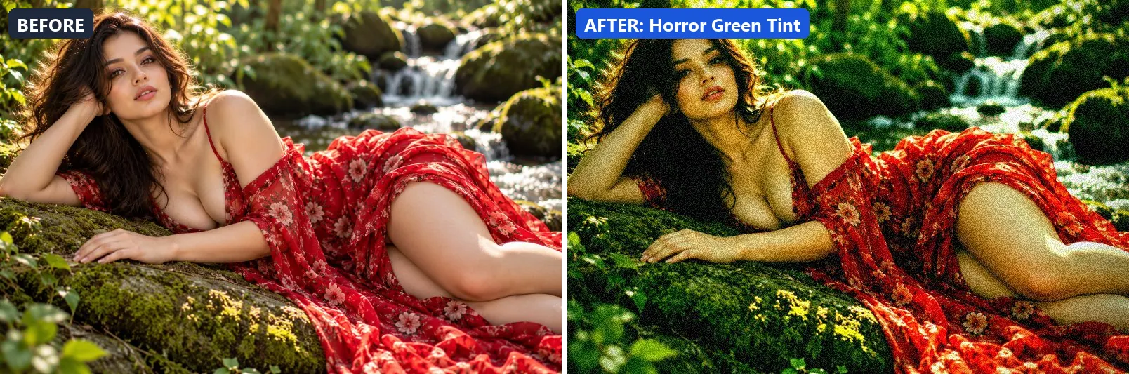 Before and after comparison of the Horror Green Tint photo filter (Cinematic) on the sample photo