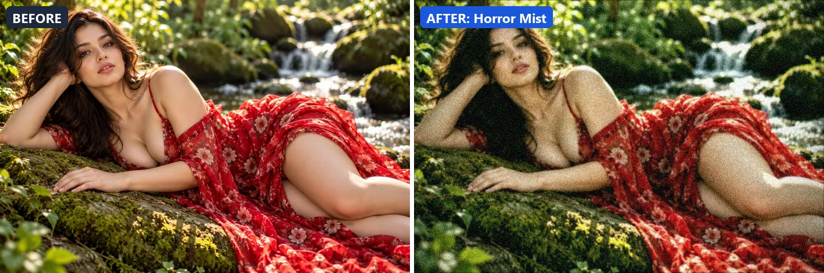 Before and after comparison of the Horror Mist photo filter (Atmosphere) on the sample photo