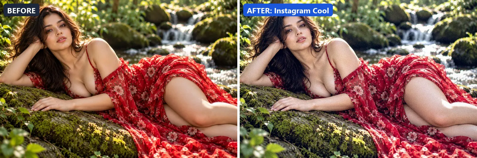 Before and after comparison of the Instagram Cool photo filter (Social Media) on the sample photo