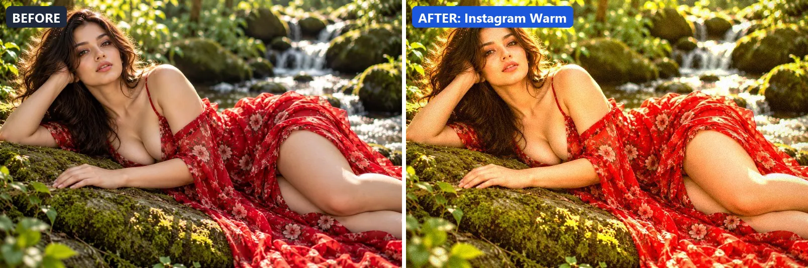 Before and after comparison of the Instagram Warm photo filter (Social Media) on the sample photo