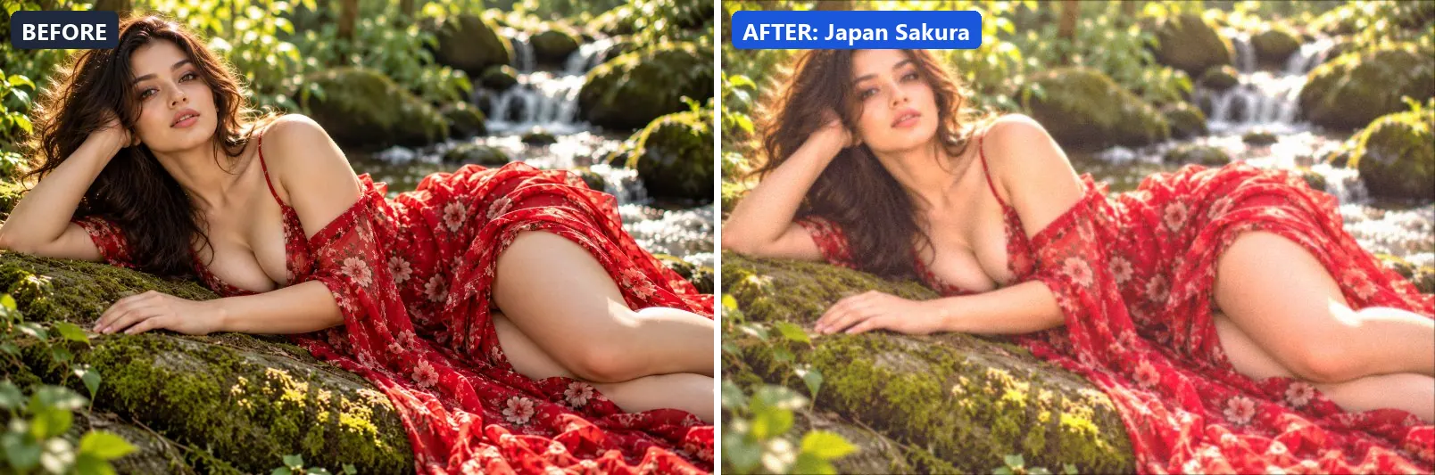 Before and after comparison of the Japan Sakura photo filter (Travel Destinations) on the sample photo