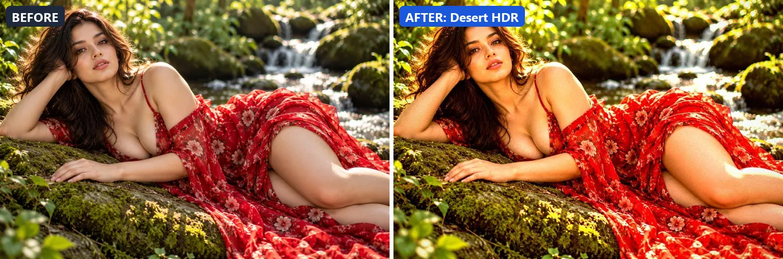 Before and after comparison of the Desert HDR photo filter (Landscape Pro) on the sample photo
