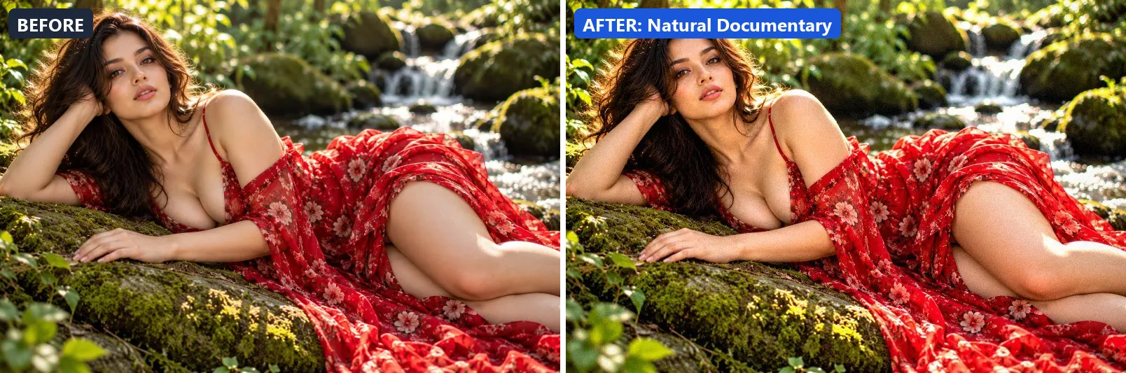 Before and after comparison of the Natural Documentary photo filter (Landscape Pro) on the sample photo