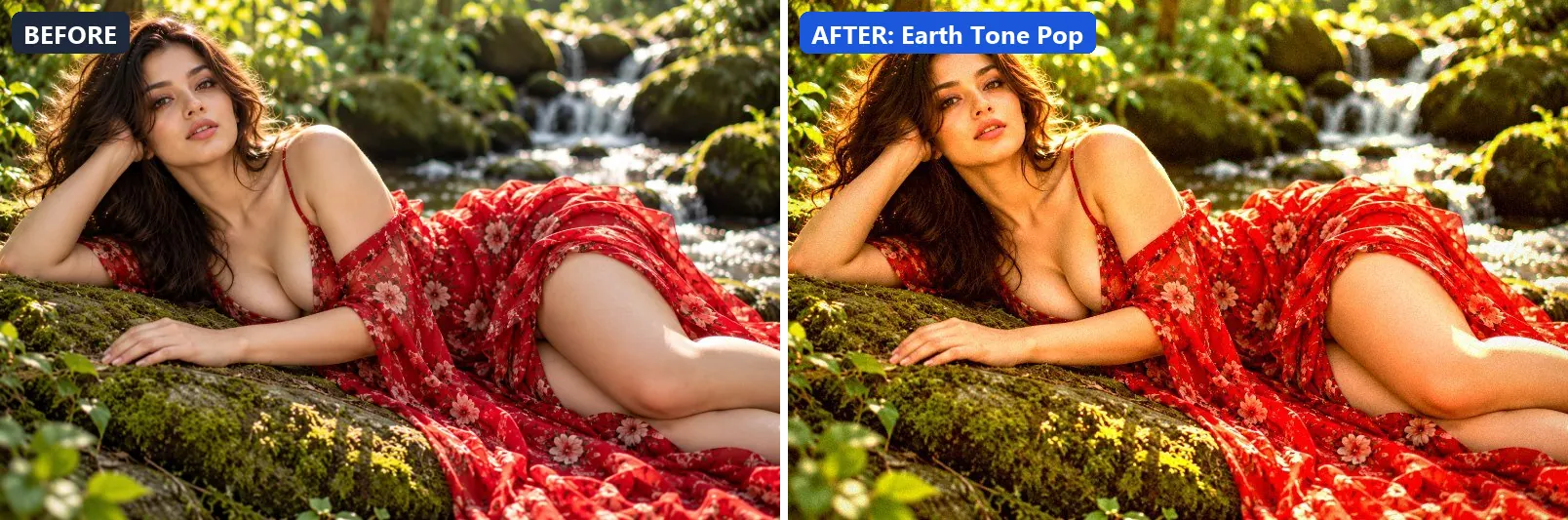 Before and after comparison of the Earth Tone Pop photo filter (Landscape Pro) on the sample photo