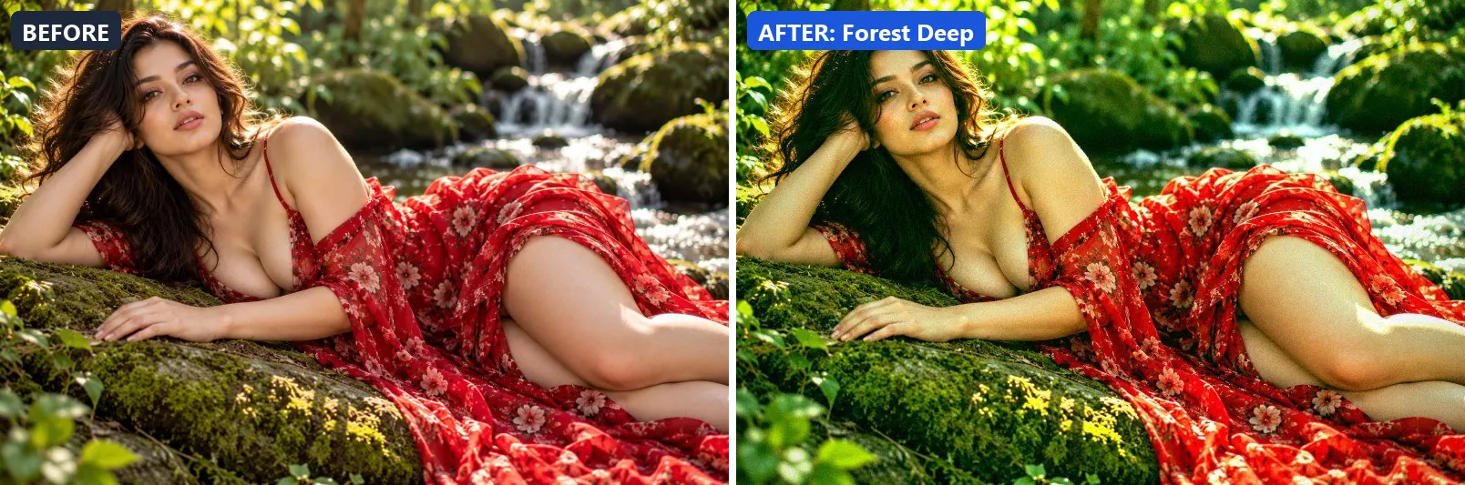 Before and after comparison of the Forest Deep photo filter (Landscape Pro) on the sample photo
