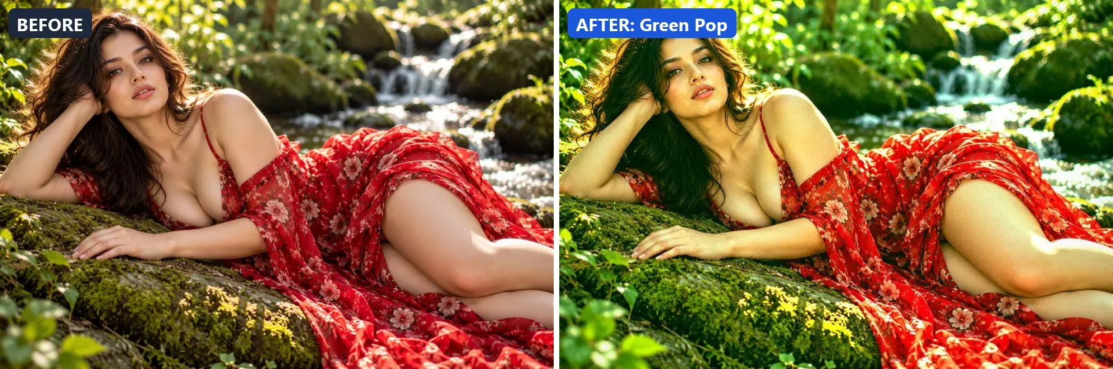 Before and after comparison of the Green Pop photo filter (Landscape Pro) on the sample photo