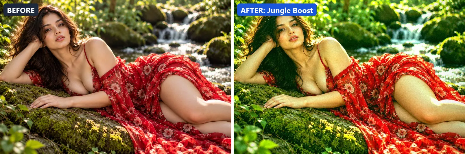 Before and after comparison of the Jungle Boost photo filter (Landscape Pro) on the sample photo