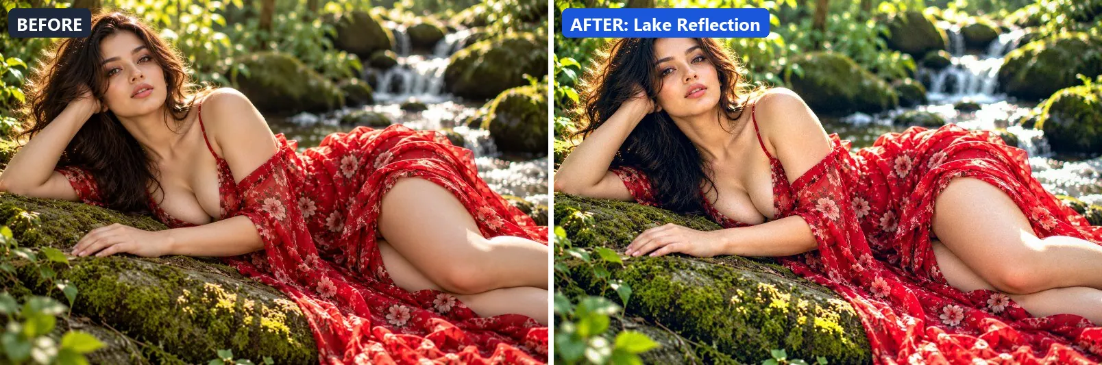 Before and after comparison of the Lake Reflection photo filter (Landscape Pro) on the sample photo