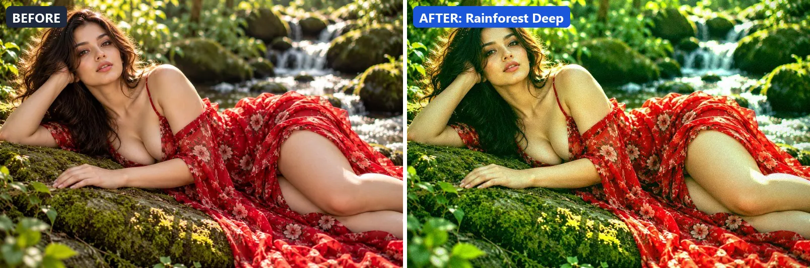 Before and after comparison of the Rainforest Deep photo filter (Landscape Pro) on the sample photo