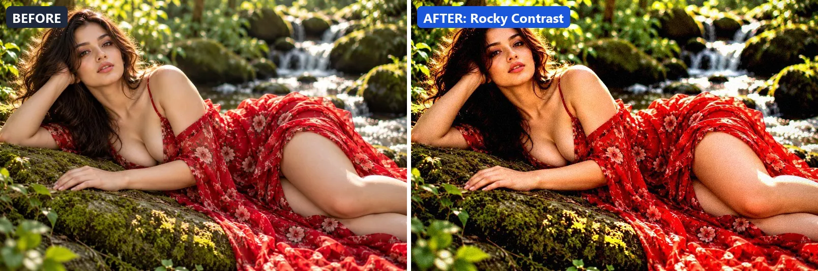 Before and after comparison of the Rocky Contrast photo filter (Landscape Pro) on the sample photo