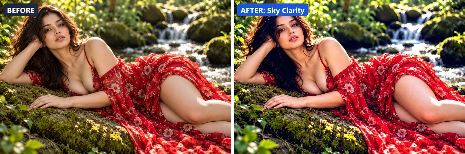 Before and after comparison of the Sky Clarity photo filter (Landscape Pro) on the sample photo