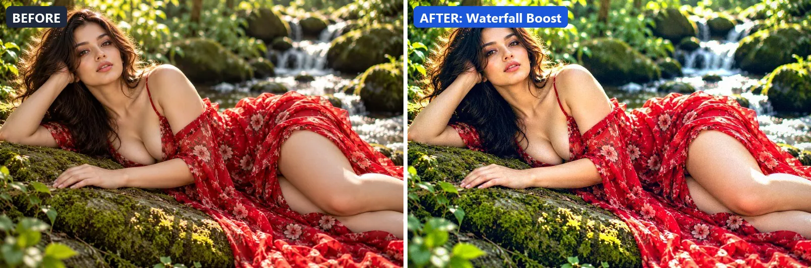 Before and after comparison of the Waterfall Boost photo filter (Landscape Pro) on the sample photo