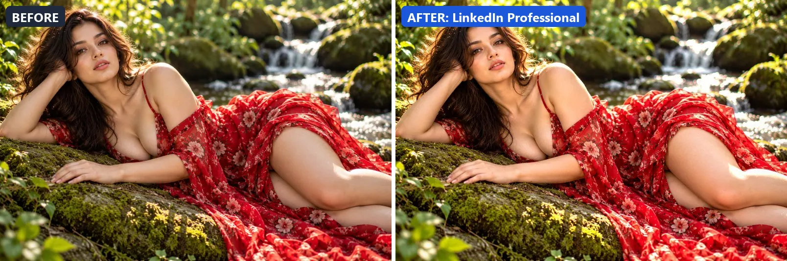 Before and after comparison of the LinkedIn Professional photo filter (Social Media) on the sample photo