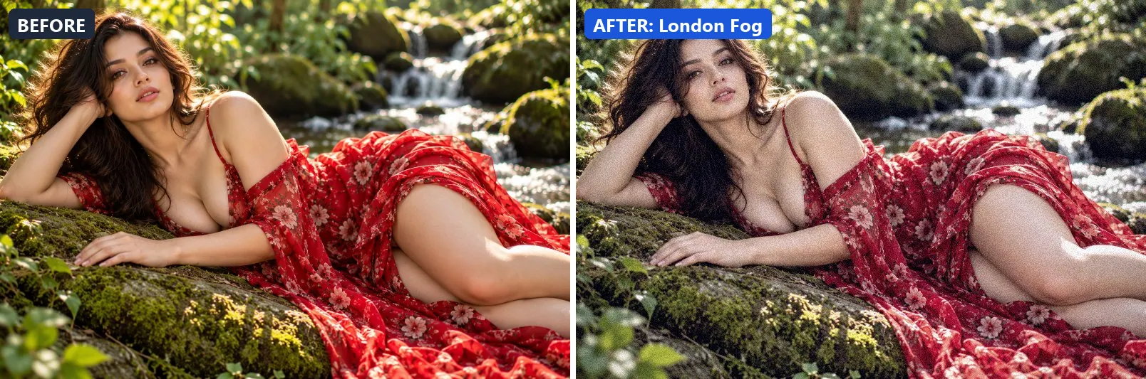 Before and after comparison of the London Fog photo filter (Travel Destinations) on the sample photo