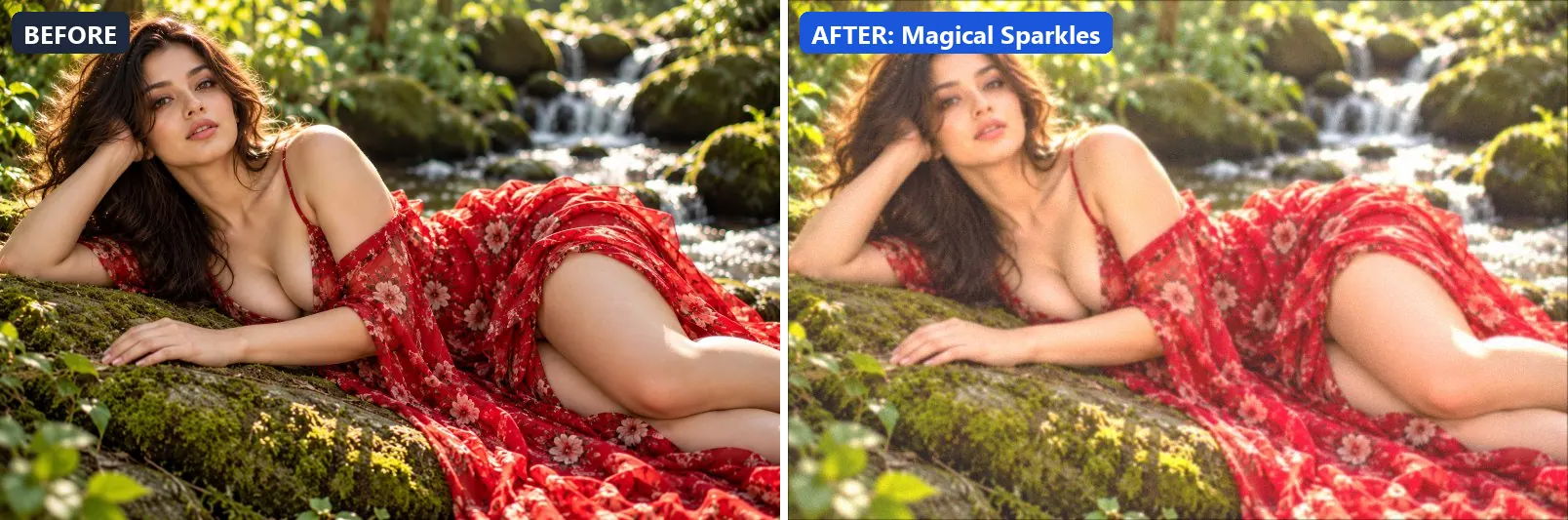 Before and after comparison of the Magical Sparkles photo filter (Atmosphere) on the sample photo