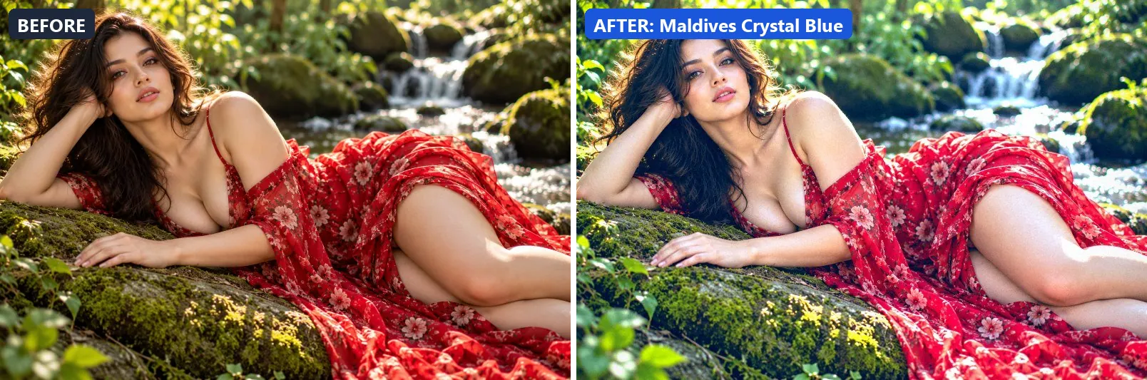 Before and after comparison of the Maldives Crystal Blue photo filter (Travel Destinations) on the sample photo