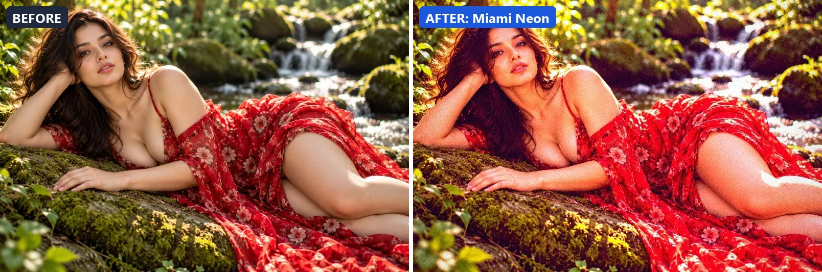 Before and after comparison of the Miami Neon photo filter (Travel Destinations) on the sample photo