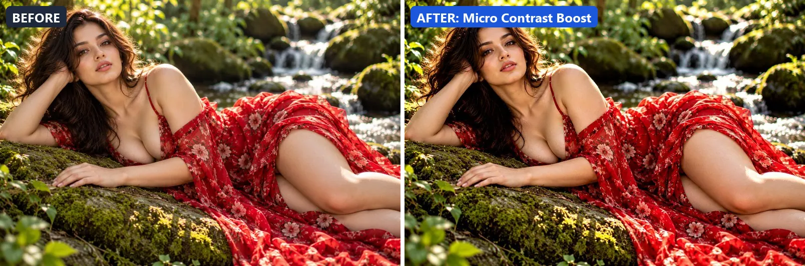 Before and after comparison of the Micro Contrast Boost photo filter (Clarity & Detail) on the sample photo