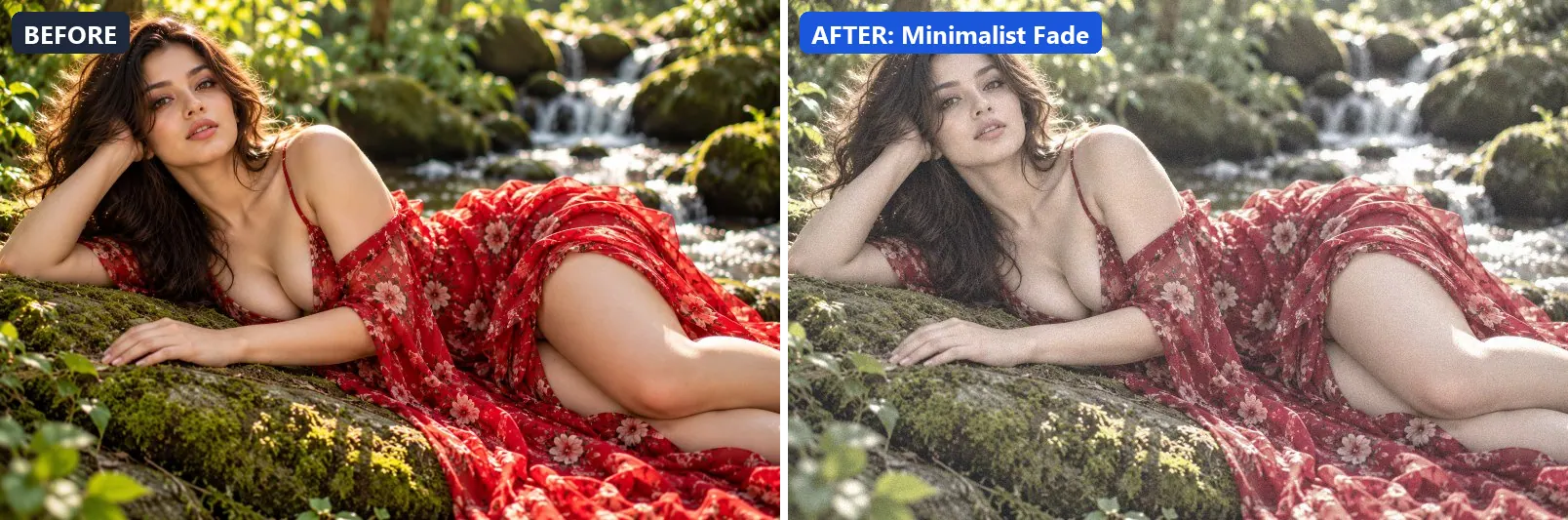 Before and after comparison of the Minimalist Fade photo filter (Artistic Styles) on the sample photo