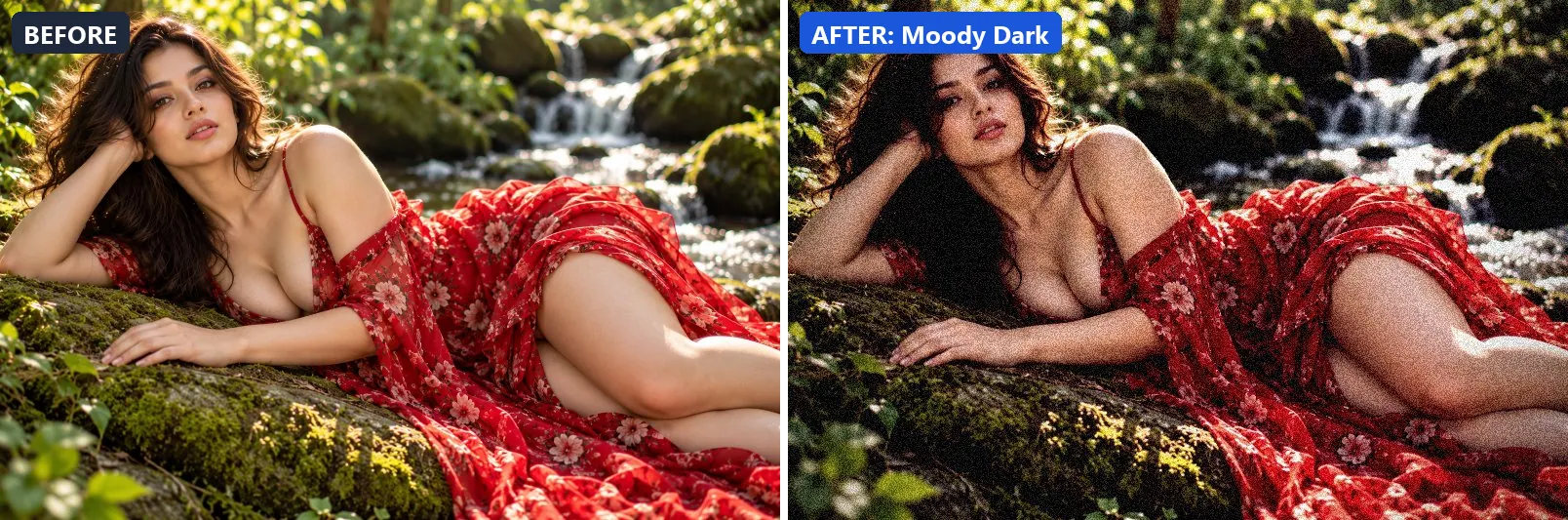 Before and after comparison of the Moody Dark photo filter (Cinematic) on the sample photo