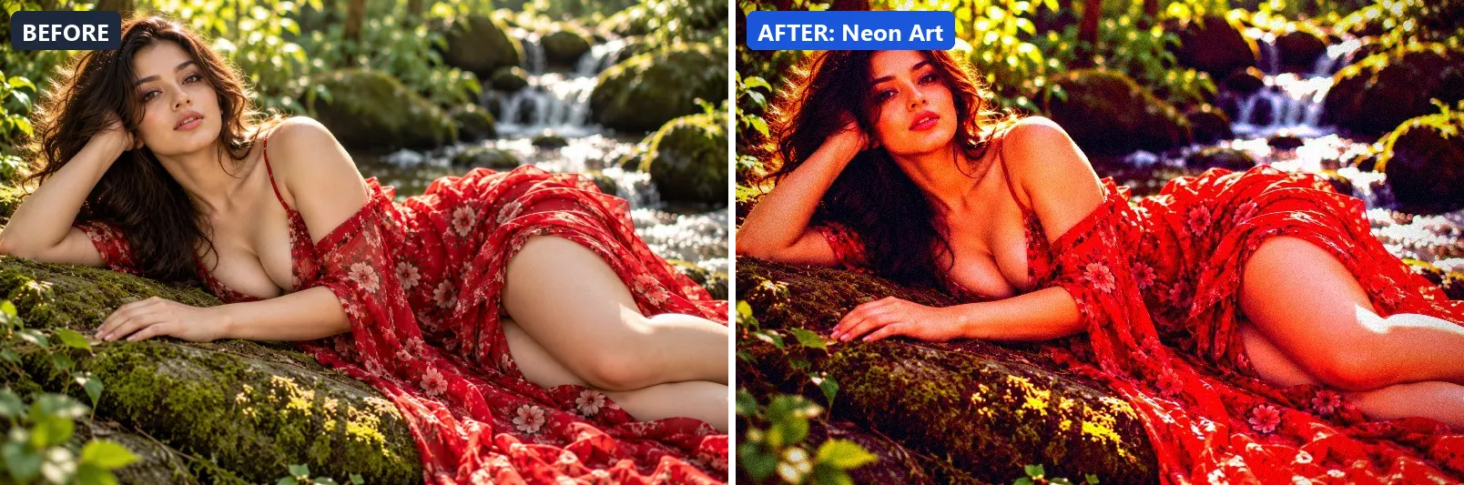 Before and after comparison of the Neon Art photo filter (Artistic Styles) on the sample photo