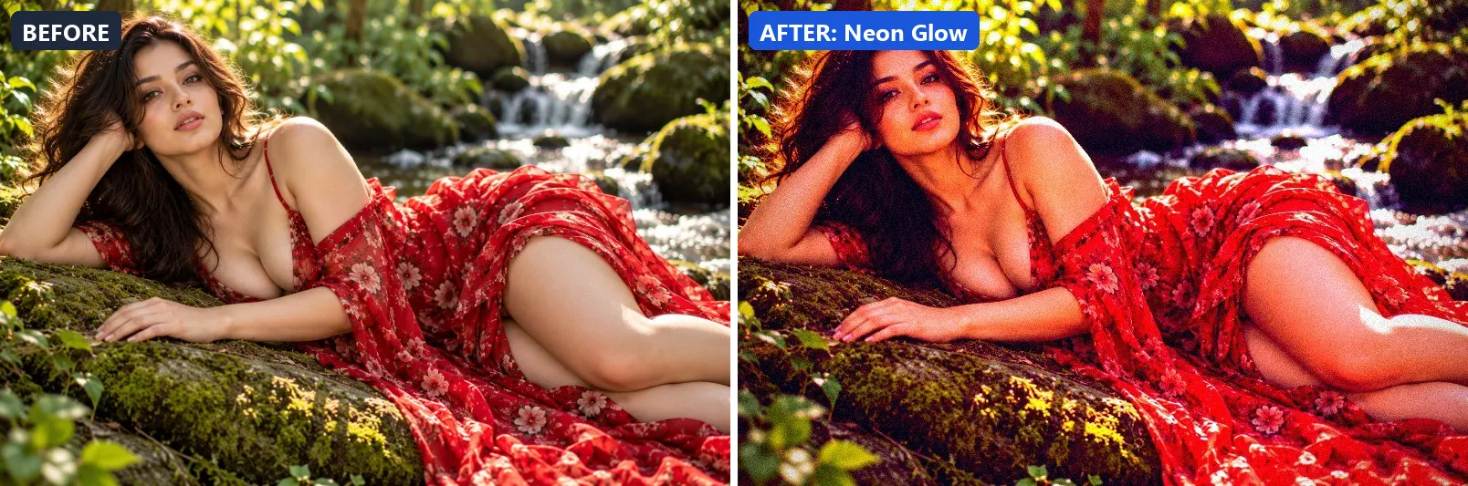 Before and after comparison of the Neon Glow photo filter (Lighting Effects) on the sample photo