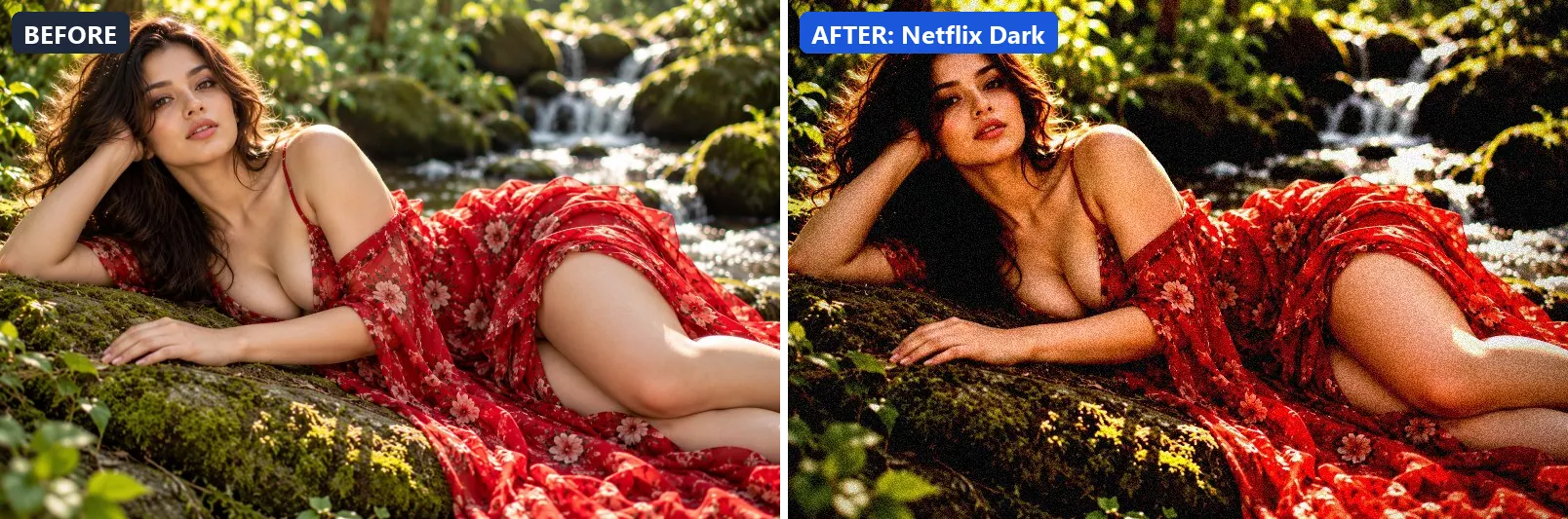 Before and after comparison of the Netflix Dark photo filter (Cinematic) on the sample photo