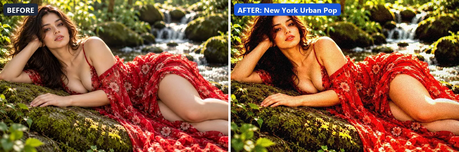 Before and after comparison of the New York Urban Pop photo filter (Travel Destinations) on the sample photo